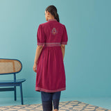 Fucshia A Line Dress with Puffed Sleeve and Stylized Neck - Lakshita