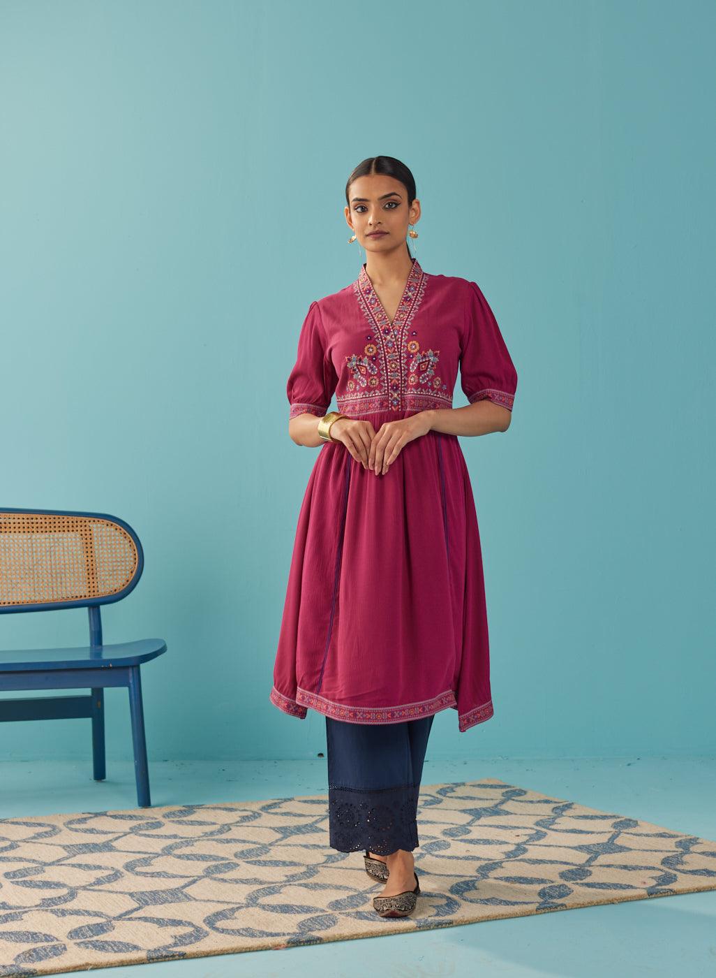 Fucshia A Line Dress with Puffed Sleeve and Stylized Neck - Lakshita