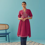 Fucshia A Line Dress with Puffed Sleeve and Stylized Neck - Lakshita