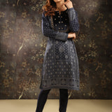 Navy Blue Printed Woolen Kurta with Velvet Yoke