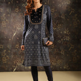 Navy Blue Printed Woolen Kurta with Velvet Yoke