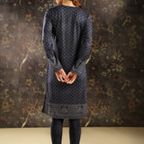 Navy Blue Printed Woolen Kurta with Velvet Yoke