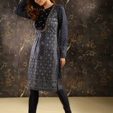 Navy Blue Printed Woolen Kurta with Velvet Yoke