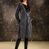 Navy Blue Printed Woolen Kurta with Velvet Yoke