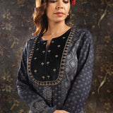 Navy Blue Printed Woolen Kurta with Velvet Yoke