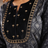 Navy Blue Printed Woolen Kurta with Velvet Yoke