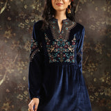 Navy Blue Embroidered Velvet Tunic for Women