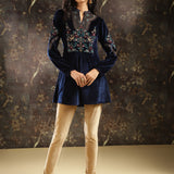 Navy Blue Embroidered Velvet Tunic for Women