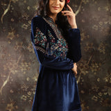 Navy Blue Embroidered Velvet Tunic for Women