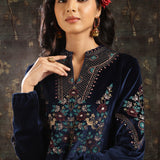 Navy Blue Embroidered Velvet Tunic for Women