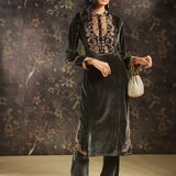 Dark Grey Embroidered Velvet Kurta Set with Button Detailing