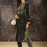 Dark Grey Embroidered Velvet Kurta Set with Button Detailing