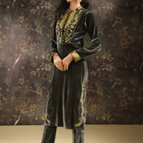 Dark Grey Embroidered Velvet Kurta Set with Button Detailing