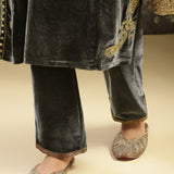 Dark Grey Embroidered Velvet Kurta Set with Button Detailing