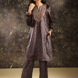 Black Printed Velvet Kurta Set with Brass Work and Zari Work