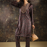 Black Printed Velvet Kurta Set with Brass Work and Zari Work