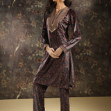 Black Printed Velvet Kurta Set with Brass Work and Zari Work