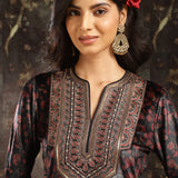 Black Printed Velvet Kurta Set with Brass Work and Zari Work