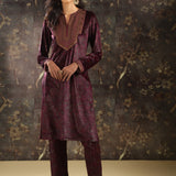 Fuchsia Printed Velvet Kurta Set with Brass Work and Zari Work