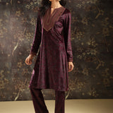 Fuchsia Printed Velvet Kurta Set with Brass Work and Zari Work