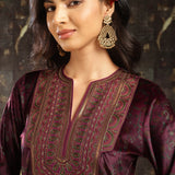 Fuchsia Printed Velvet Kurta Set with Brass Work and Zari Work