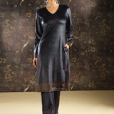 Navy Blue Printed Velvet Kurta Set with Swarovski Work