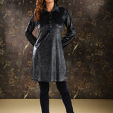 Navy Blue Printed Velvet Kurti for Women with Classic Collar and Button Detailing