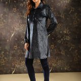 Navy Blue Printed Velvet Kurti for Women with Classic Collar and Button Detailing