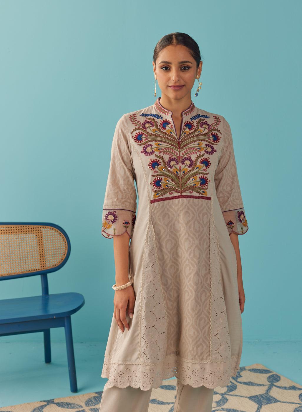 Beige Multi Color Floral Embroidered Kurta Set - Lakshita