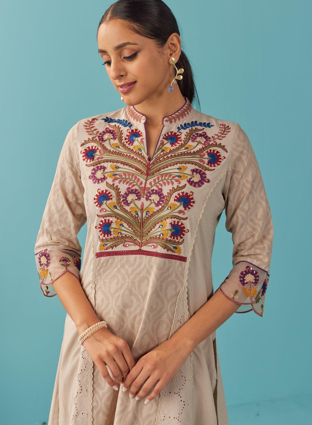 Beige Multi Color Floral Embroidered Kurta Set - Lakshita