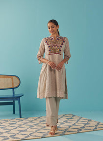 Beige Multi Color Floral Embroidered Kurta Set - Lakshita