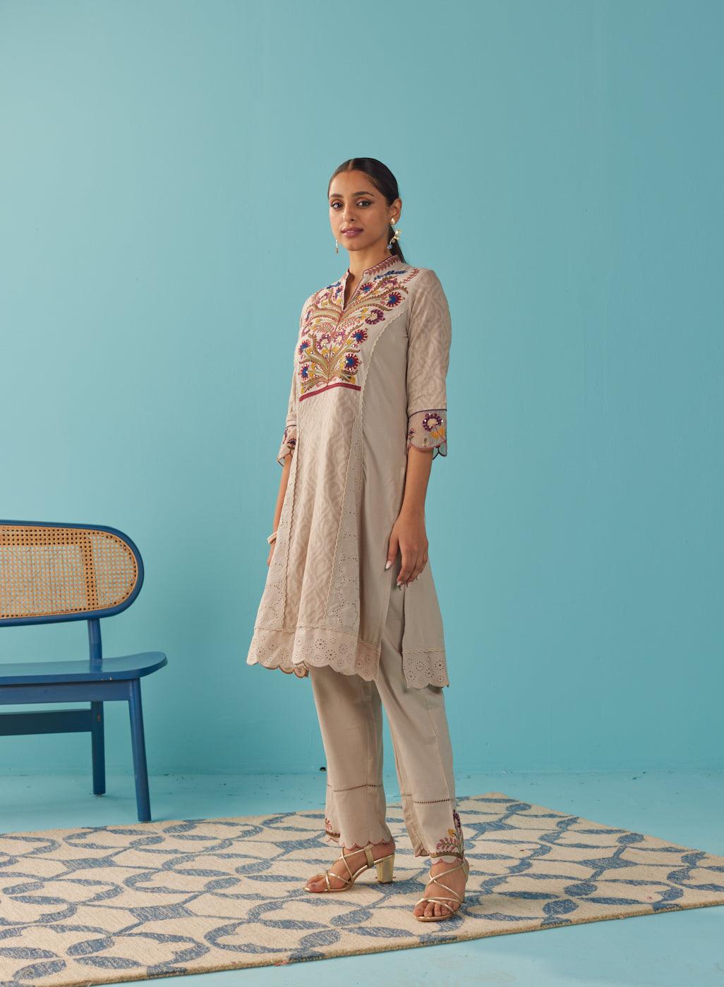 Beige Multi Color Floral Embroidered Kurta Set - Lakshita