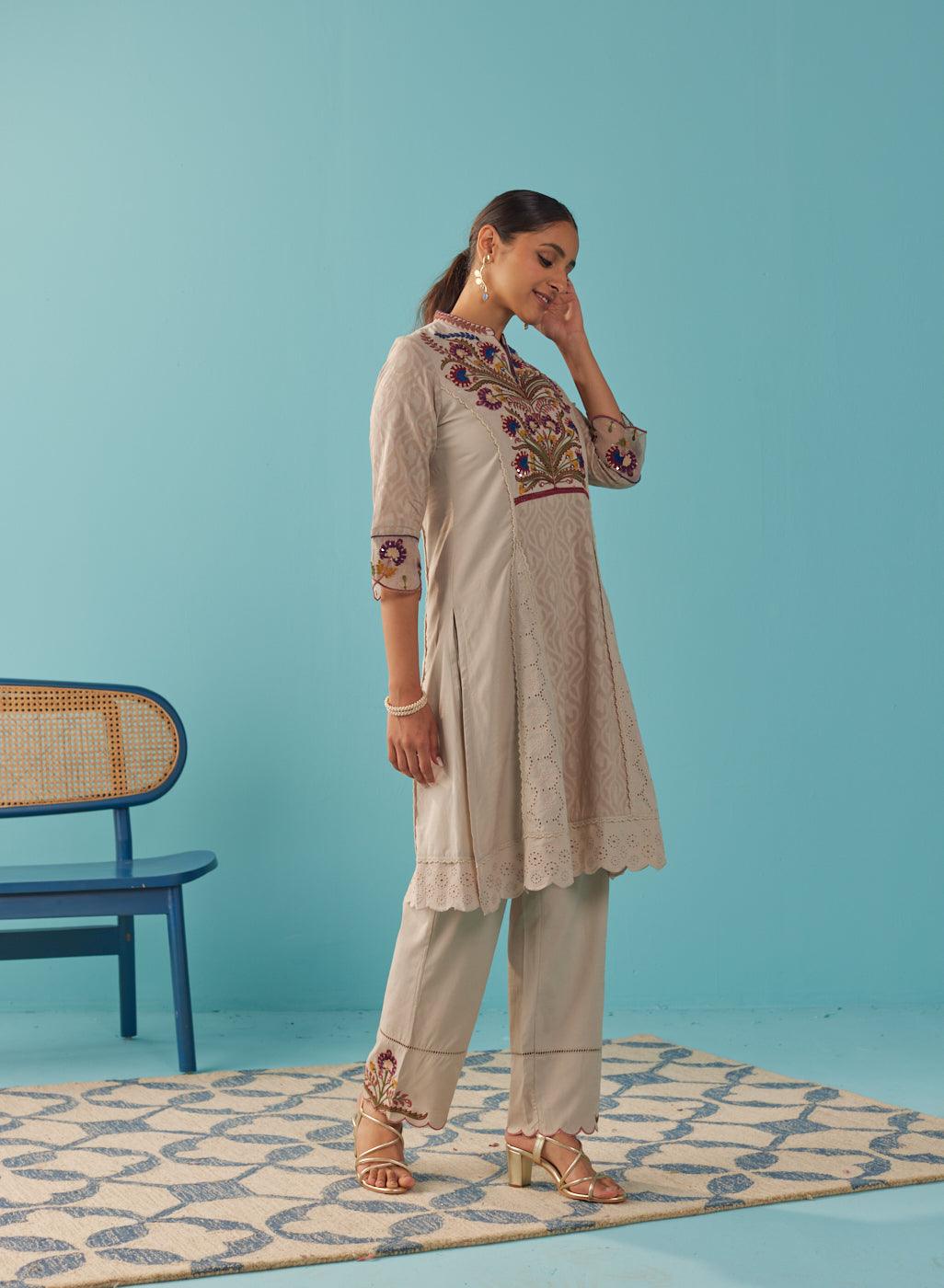 Beige Multi Color Floral Embroidered Kurta Set - Lakshita