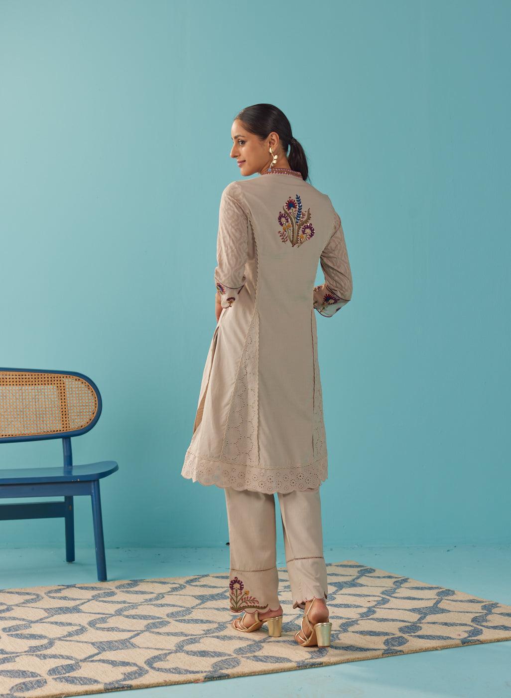 Beige Multi Color Floral Embroidered Kurta Set - Lakshita