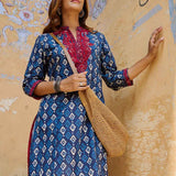 Navy Blue Embroidered Straight Kurta - Lakshita