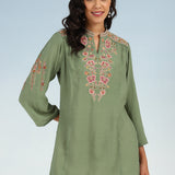 Green Floral Tunic with Shoulder Gathers