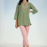 Green Floral Tunic with Shoulder Gathers