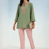 Green Floral Tunic with Shoulder Gathers