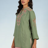 Green Floral Tunic with Shoulder Gathers