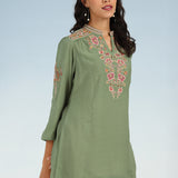 Green Floral Tunic with Shoulder Gathers