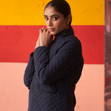 Navy Blue High-neck Quilted Jacket for Women