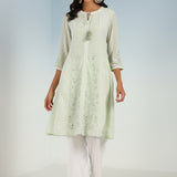 Tea Green Embroidered A-line Kurta for Women