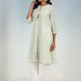 Tea Green Embroidered A-line Kurta for Women