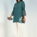 Teal Embroidered Tunic for Women with Lace Inserts