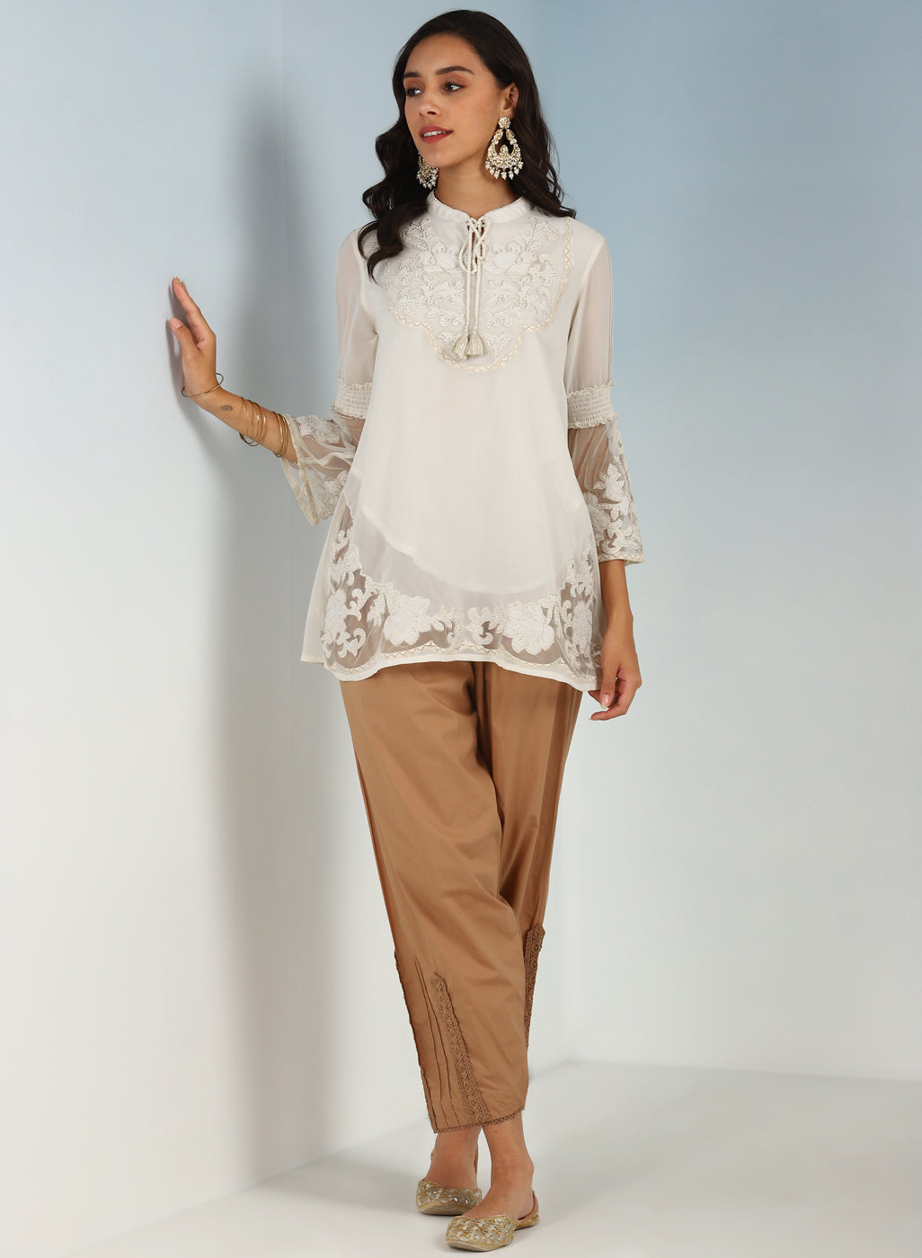 Ivory Embroidered Tunic For Women With Lace Inserts-23AWLK04105-12 ...