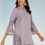 Purple Embroidered Tunic for Women with Lace Inserts