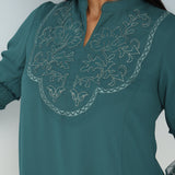 Teal Embroidered Tunic for Women with Lace Inserts