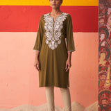 Olive Straight Kurta for Women with Threadwork