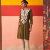 Olive Straight Kurta for Women with Threadwork