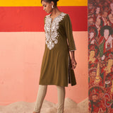 Olive Straight Kurta for Women with Threadwork